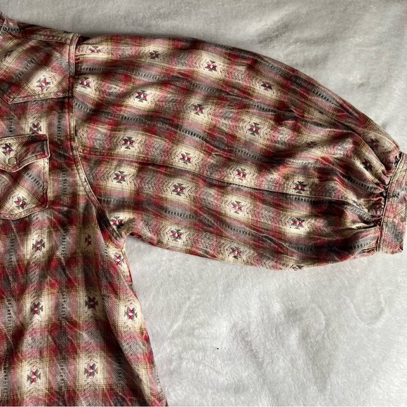 Ivy Jane Brown Burgundy Plaid Southwestern Balloon Sleeve Pearl Snap Shirt Sz L - Picture 8 of 12